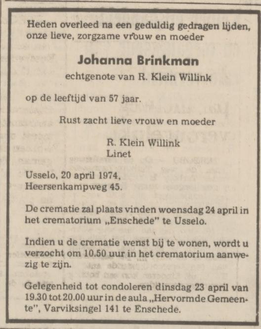 Heersenkampweg 45 Usselo Johanna Brinkman overlijdensadvertentie Tubantia 22-4-1974.jpg
