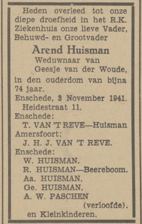 Heidestraat 11 Arend Huisman overlijdensadvertentie Tubantia 4-11-1941.jpg