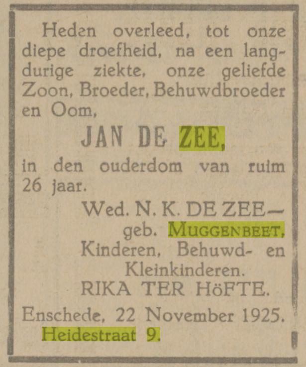 Heidestraat 9 Wed. N.K. de Zee-Muggenbeet advertentie Tubantia 23-11-1925.jpg