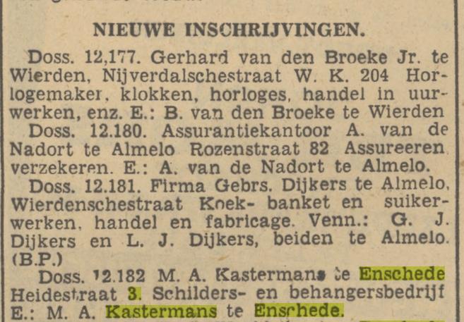 Heidestraat 3 schildersbedrijf M.A. Kastermans krantenbericht Tubantia 23-3-1940.jpg