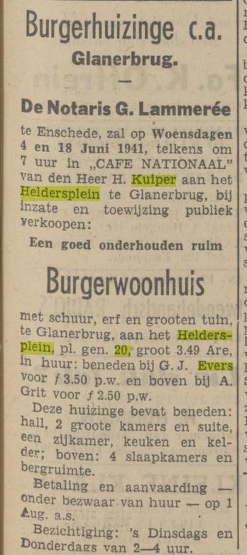 Heldersplein 20-22 G.J. Evers en cafe Nationaal H. Kuiper advertentie Tubantia 24-5-1941.jpg