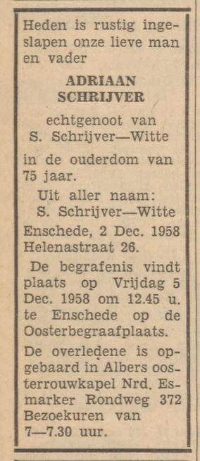 Helenastraat 26 Adriaan Schrijver overlijdensadvertentie Tubantia 3-12-1958.jpg