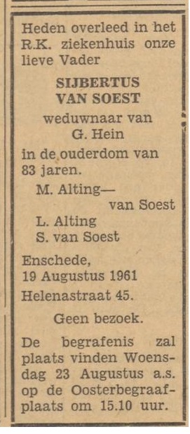 Helenastraat 45 Sijsbertus van Soest overlijdensadvertentie Tubantia 21-8-1961.jpg