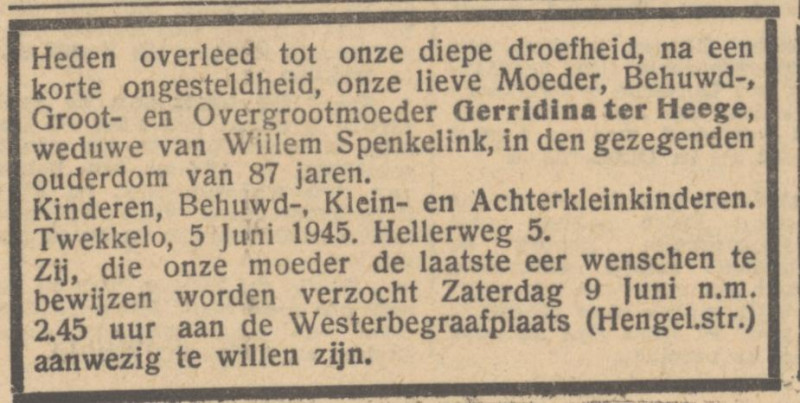 Hellerweg 5 Wed. G. Spenkelink-ter Heegde overlijdensadvertentie Het Parool 7-6-1945.jpg