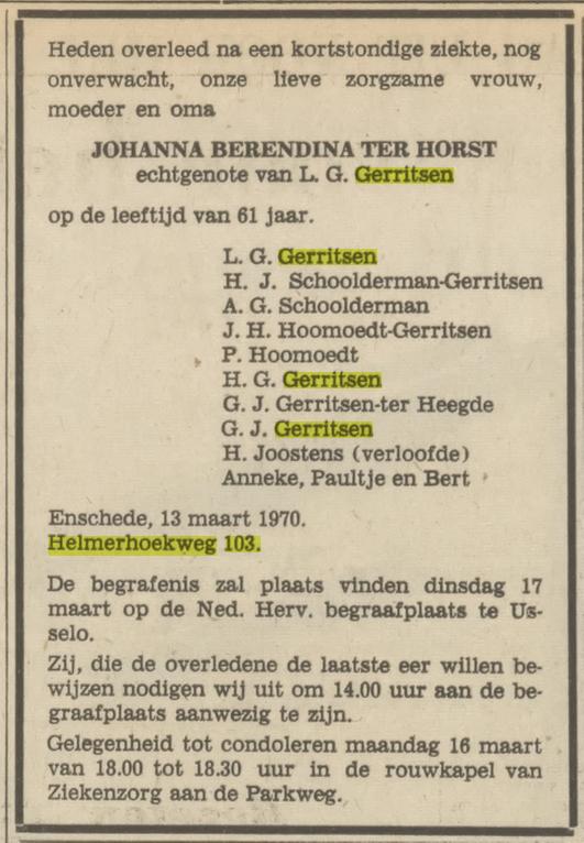 Helmerhoekweg 103 J.B. Gerritsen- ter Horst overlijdensadvertentie Tubantia 14-3-1970.jpg