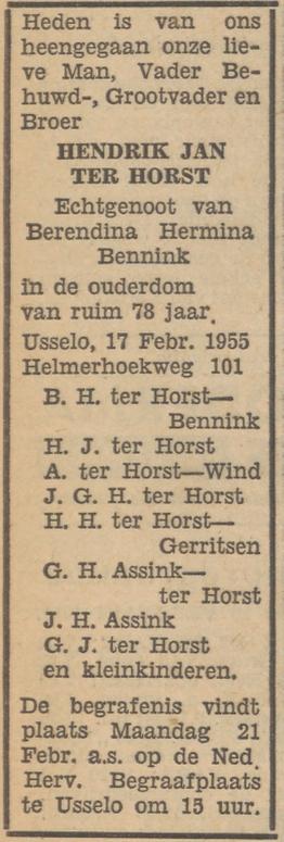 Helmerhoekweg 101 Usselo H.J. ter Horst overlijdensadvertentie Tubantia 18-2-1955.jpg