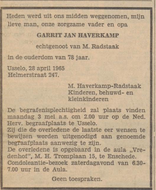 Helmerstraat 247 Usselo G.J. Haverkamp overlijdensadvertentie Tubantia 29-4-1965.jpg