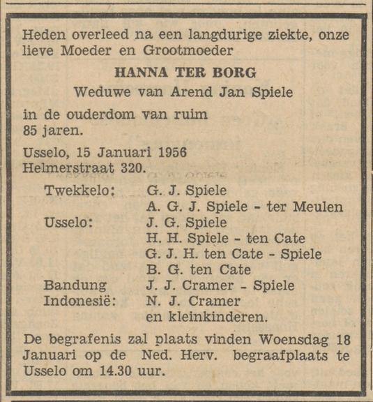 Helmerstraat 320 Usselo Wed. H. Spiele-ter Borg overlijdensadvertentie Tubantia 16-1-1956.jpg