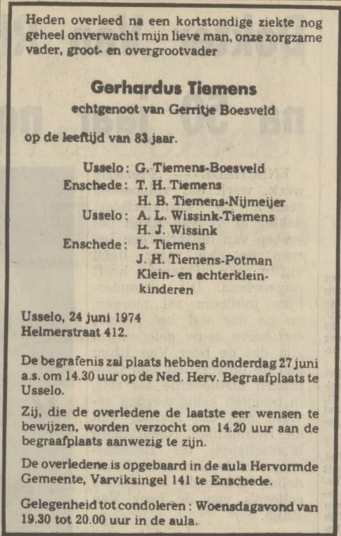 Helmerstraat 412 Usselo G. Tiemens overlijdensadvertentie Tubantia 27-6-1974.jpg