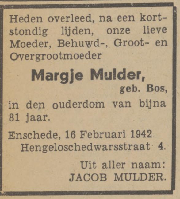 Hengelosesdwarstraat 4 Wed. M. Mulder-Bos overlijdensadvertentie Tubantia 17-2-1942.jpg