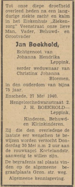 Hengelosedwarsstraat 2 Jan Bloemendal overlijdensadvertentie 27-5-1940.jpg