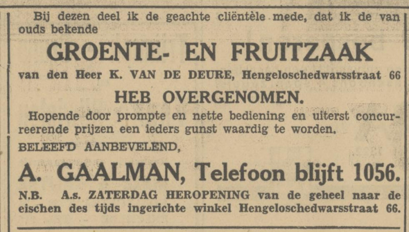 Hengelosedwarsstraat 66 A. Gaalman Groente- en Fruitzaak advertentie Tubantia 5-2-1932.jpg