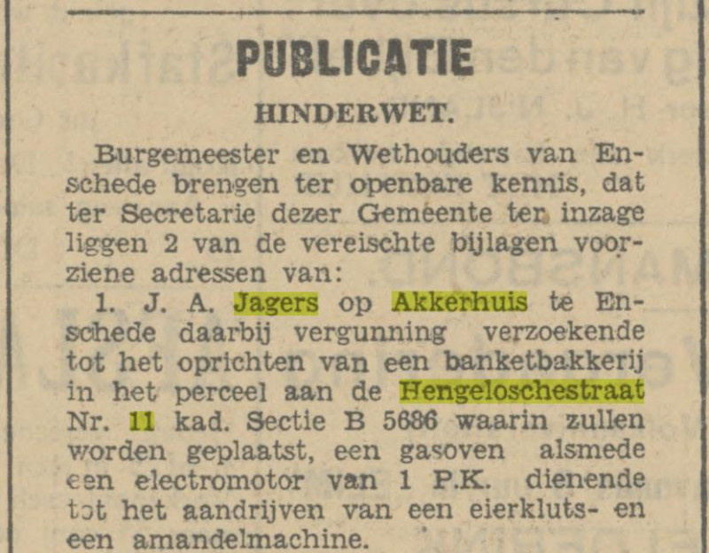 Hengelosestraat 11 banketbakkerij J.A. Jagers op Akkerhuis krantenbericht Tubantia 9-12-1930.jpg