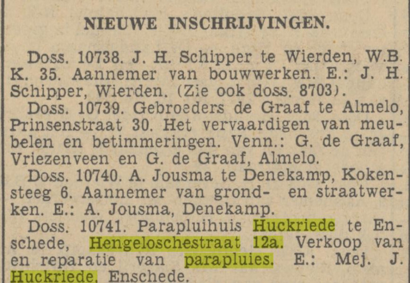 Hengelosestraat 12a parapluiehuis Huckriede Mej. J. Huckriede krantenbericht Tubantia 10-2-1937.jpg