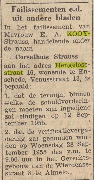 Hengelosestraat 16 Corsethuis Strauss Mevr. E.A. Kooy-Strauss advertenie Twentsche courant 8-9-1955.jpg