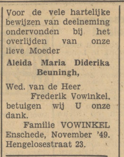 Hengelosestraat 23 Wed. A.M.D. Vowinkel-Beuningh advertentie Tubantia 25-11-1949.jpg