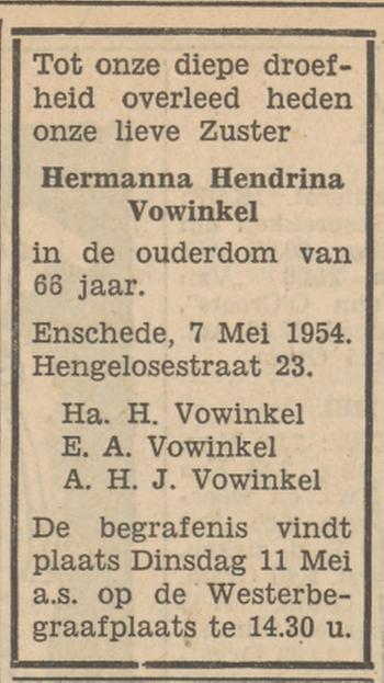 Hengelosestraat 23 H.H. Vowinkel overlijdensadvertentie Tubantia 8-5-1954.jpg