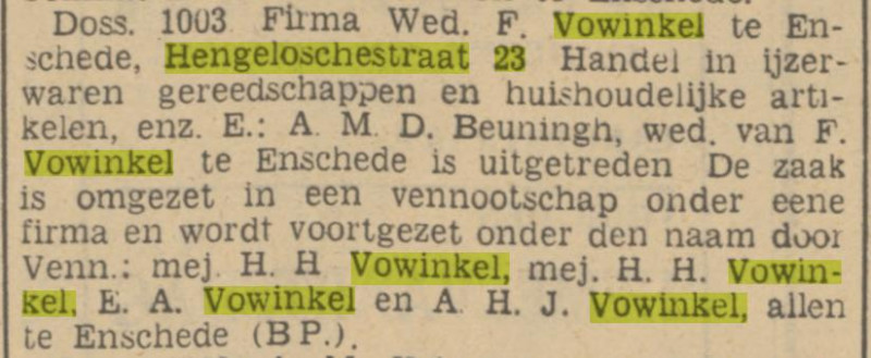 Hengelosestraat 23 Fa. Wed. F. Vowinkel krantenbericht Tubantia 30-4-1940.jpg