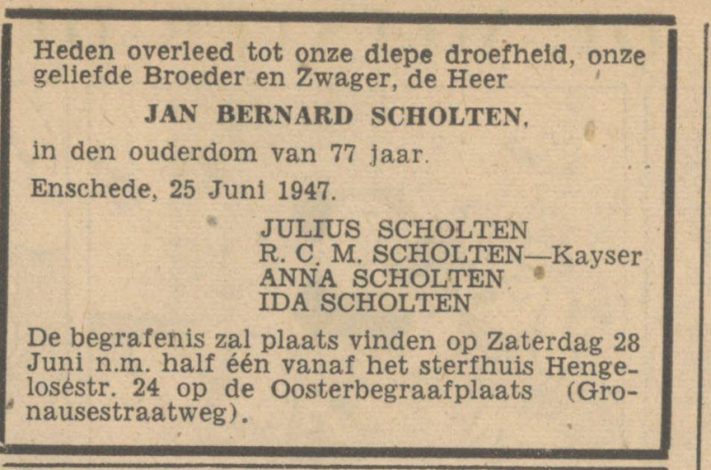 Hengelosestraat 24 Jan Bernard Scholten overlijdensadvertentie Tubantia 26-6-1947.jpg