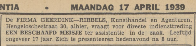Hengelosestraat 30 Fa. Geerdink Ribbels kunsthandel advertentie Tubantia 17-4-1939.jpg