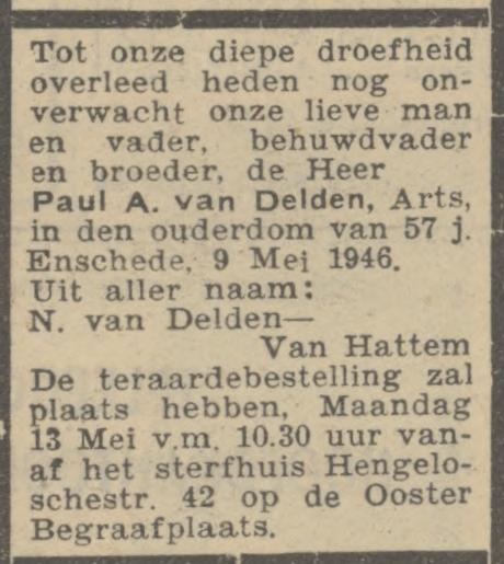 Hengelosestraat 42 Paul A. van Delden arts overlijdensadvertentie Algemeen Handelsblad 11-5-1946.jpg