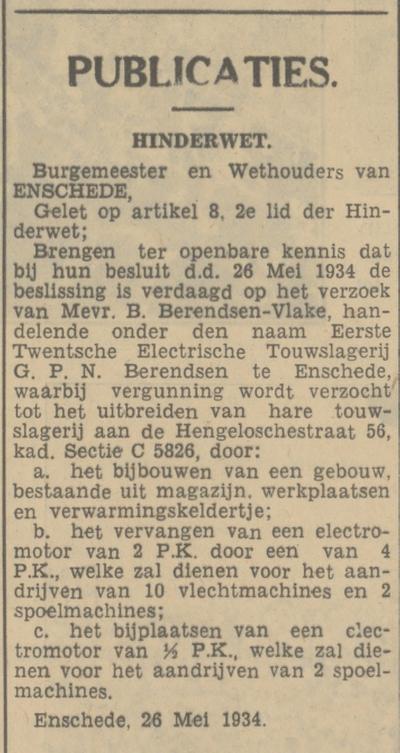 Hengelosestraat 56 Mevr. B. Berendsen-Vlake krantenbericht Tubantia 29-5-1934.jpg