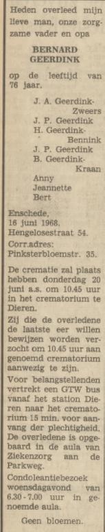 Hengelosestraat 54 Bernard Geerdink overlijdensadvertentie Tubantia 17-6-1968.jpg