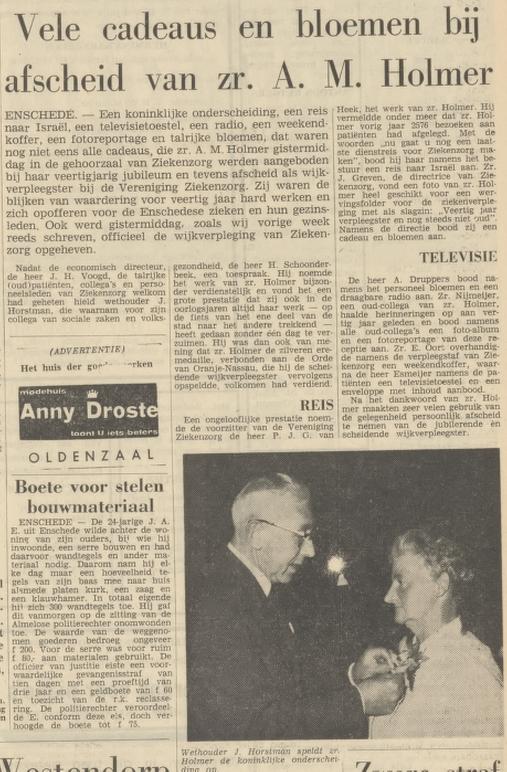 Hengelosestraar 88 Zr. A.M. Holmer wijkverpleegster krantenbericht Tubantia 16-8-1966.jpg