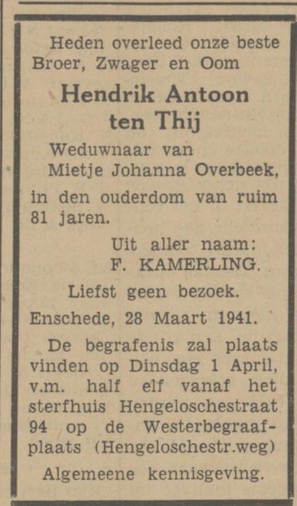 Hengelosestraat 94 H.A. ten Thij overlijdensadvertentie Tubantia 31-3-1941.jpg