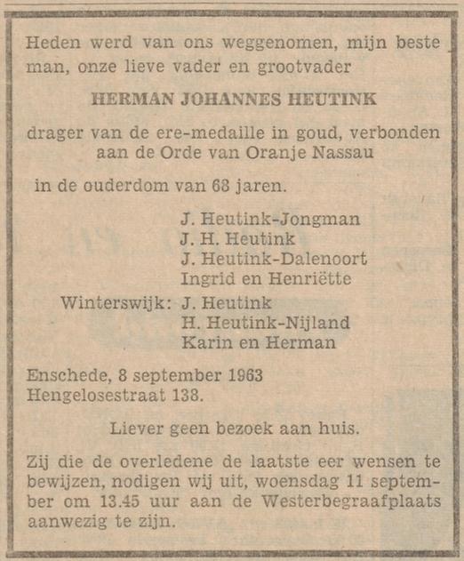 Hengelosestraat 138 H.J. Heutink overlijdensadvertentie Tubantia 9-9-1963.jpg