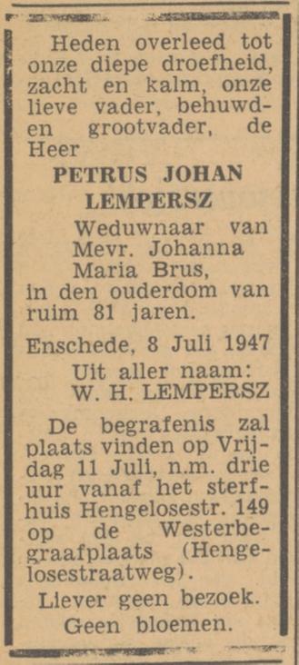 Hengelosestraat 149 P.J. Lempersz overlijdensadvertentie Tubantia 9-7-1947.jpg