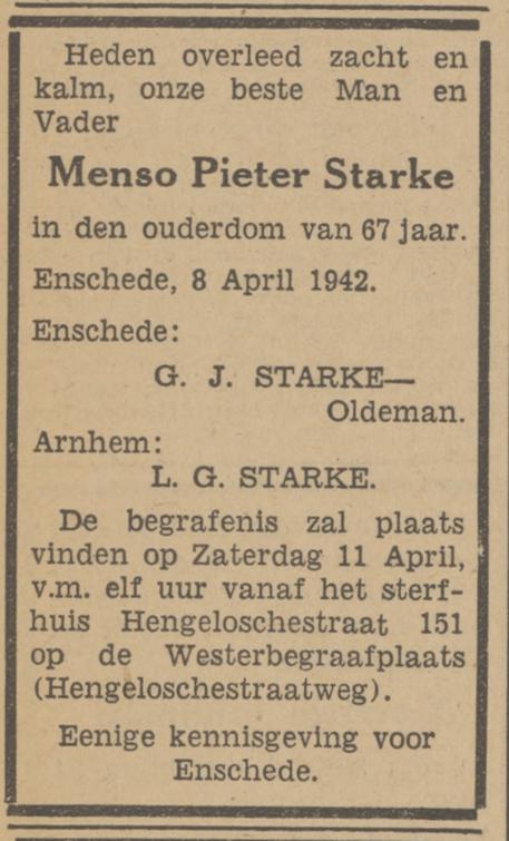 Hengelosestraat 151 M.P. Starke overlijdensadvertentie Tubantia 9-4-1942.jpg