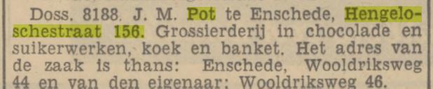 Hengelosestraat 156 J.M. Pot grossierderij chocolade en suikerwerken, koek en banker krantenbericht Tubantia 4-3-1940.jpg