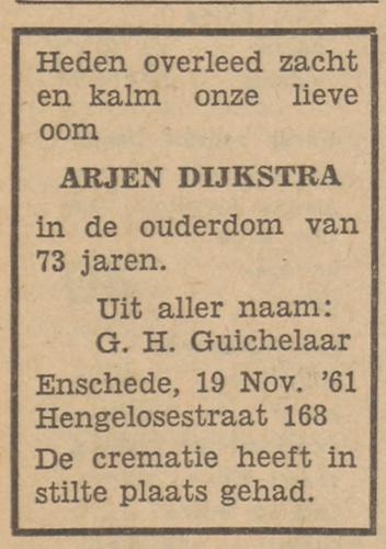 Hengelosestraat 168 Arjen Dijkstra overlijdensadvertentie Tubantia 23-11-1961.jpg