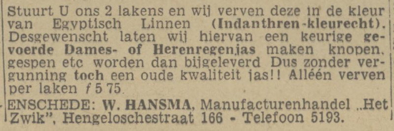 Hengelosestraat 166 W. Hansma manufacturenhandel Het Zwik advertentie Twentsch nieuwsblad 3-11-1943.jpg