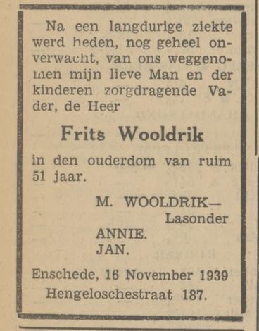 Hengelosestraat 187 Frits Wooldrik overlijdensadvertentie Tubantia 16-11-1939.jpg