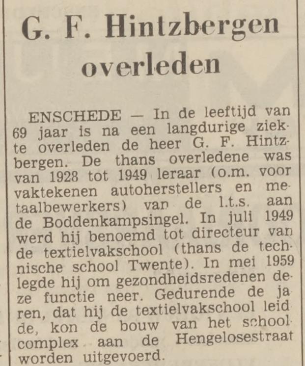 Hengelosestraat G.F. Hintzbergen leraar LTS krantenbericht Tubantia 26-4-1963.jpg