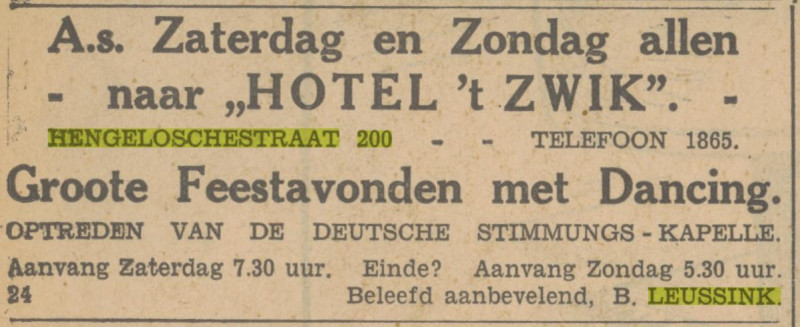 Hengelosestraat 200 Hotel 't Zwik B. Leussink advertentie Tubantia 4-11-1932.jpg