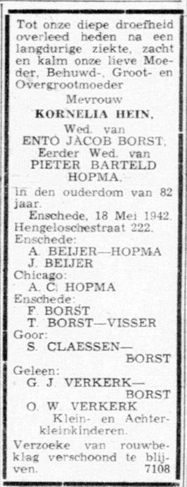 Hengelosestraat 222 Wed. K. Borst-Hein overlijdensadvertentie Telegraaf 19-5-1942.jpg