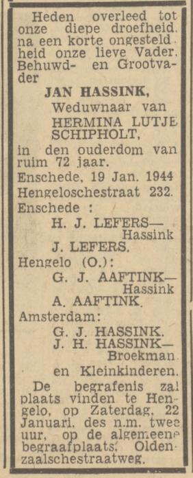 Hengelosestraat 232 Jan Hassink overlijdensadvertentie Twentsch nieuwsblad 20-1-1944.jpg