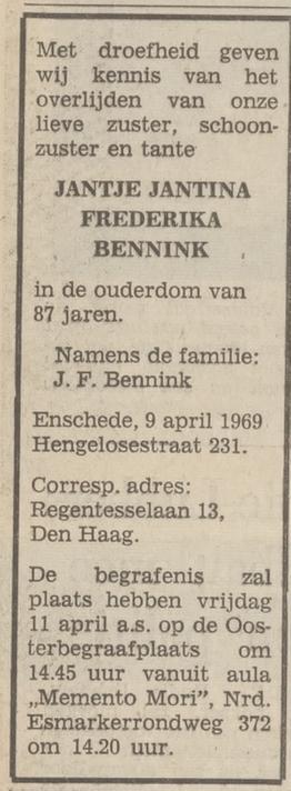 Hengelosestraat 231 J.J.F. Bennink overlijdensadvertentie Tubantia 10-4-1969.jpg