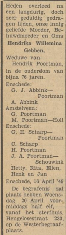 Hengelosestraat 233 Wed. H.W. Poortman-Gebben overlijdensadvertentie Tubantia 16-4-1949.jpg
