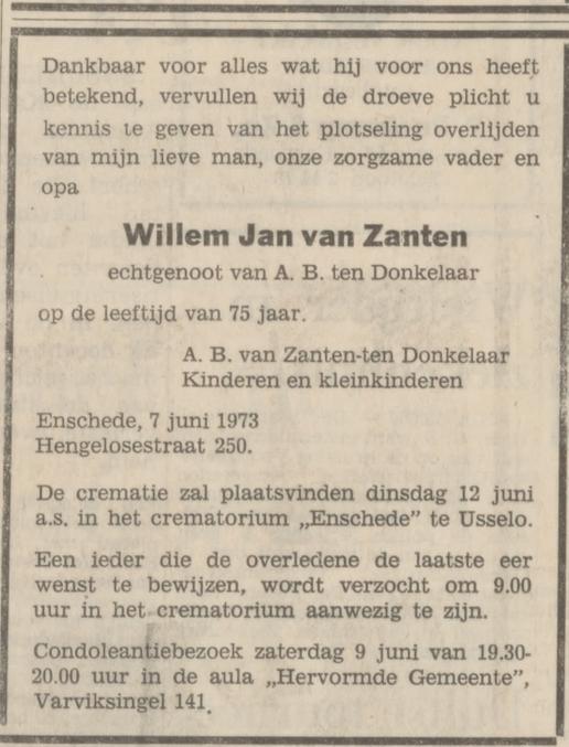 Hengelosestraat 250 W.J. van Zanten overlijdensadvertentie Tubantia 8-6-1973).jpg