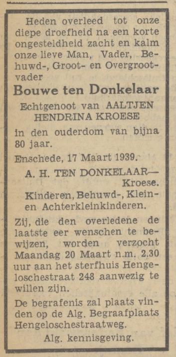 Hengelosestraat 248 Bouwe ten Donkelaar overlijdensadvertentie Tubantia 18-3-1939.jpg