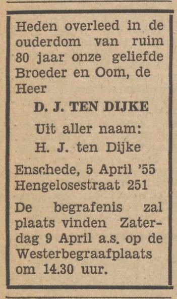 Hengelosestraat 251 D.J. ten Dijke overlijdensadvertentie Tubantia 6-4-1955.jpg