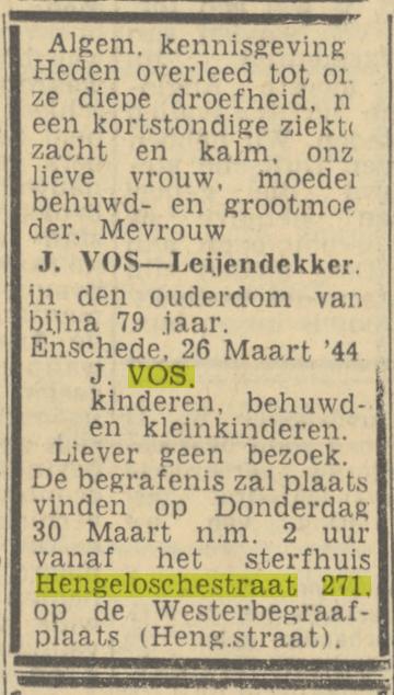 Hengelosestraat 271 J. Vos-Leijendekker overlijdensadvertentie Twentsch nieuwsblad 28-3-1944.jpg