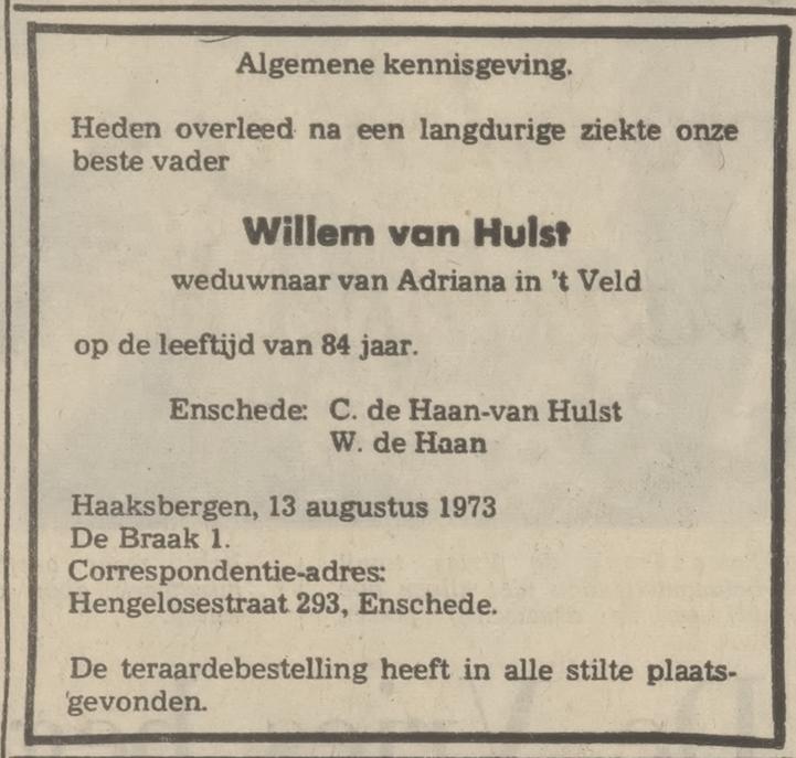 Hengelosestraat 293 Willem van Hulst overlijdensadvertentie Tubantia 16-8-1973.jpg