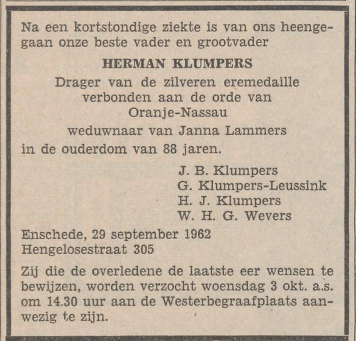 Hengelosestraat 305 Herman Klumpers overlijdensadvertentie Tubantia 1-10-1962.jpg