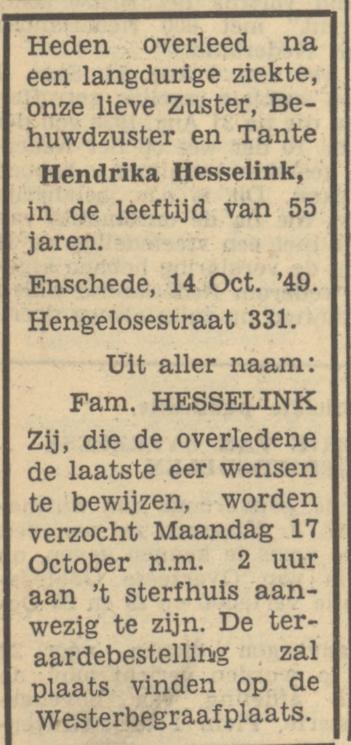 Hengelosestraat 331 Hendrika Hesselink overlijdensadvertentie Tubantia 15-10-1949.jpg
