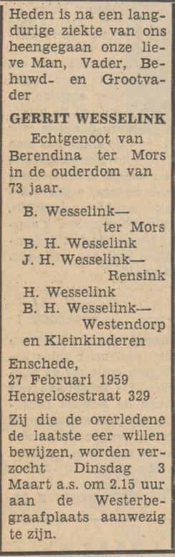 Hengelosestraat 329 Gerrit Wesselink overlijdensadvertentie Tubantia 28-2-1959.jpg
